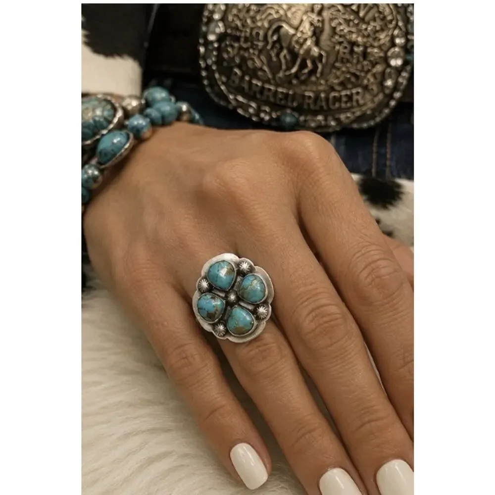 Stunning Turquoise Cluster Ring In Sterling Silver Ring w Accent Beads